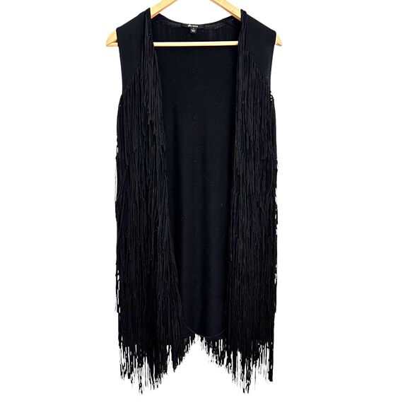 Ella Moss Black Fringe Viscose Cashmere Blend Long Sleeveless Vest Size S NWOT - Picture 1 of 6